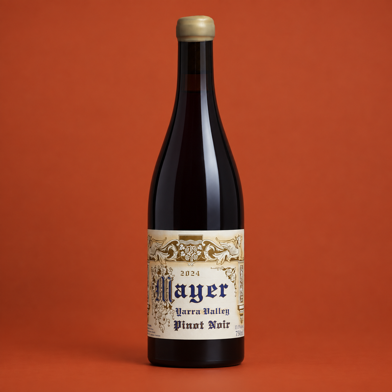 2024 Mayer Yarra Valley Pinot Noir bottle on a burnt orange background