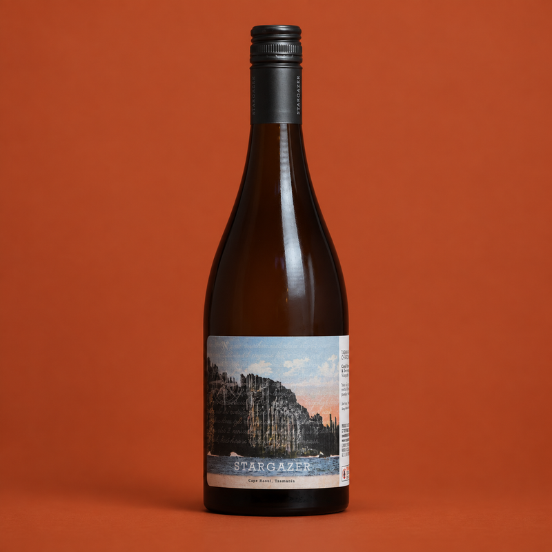 2023 Stargazer Chardonnay bottle on a burnt orange background